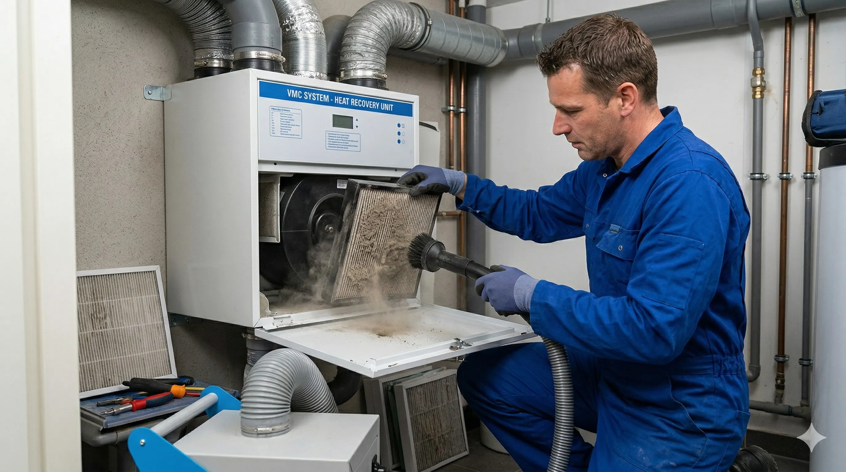 Tecnico specializzato esegue la sanificazione delle condotte VMC con attrezzatura professionale